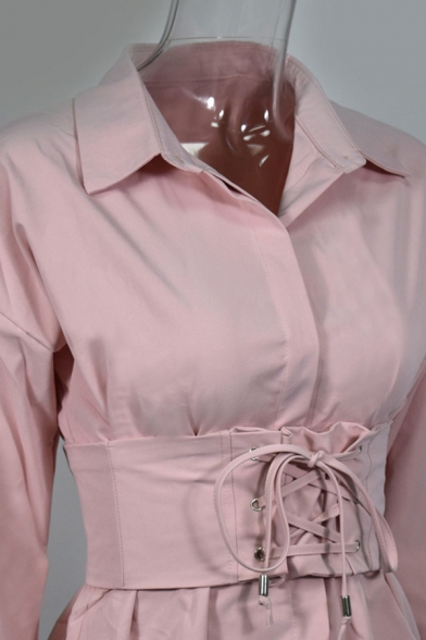 Womens Chic Elegant Lapel Collar Long Sleeve Lace-Up Gathered Waist Plain Mini Shirt Dress