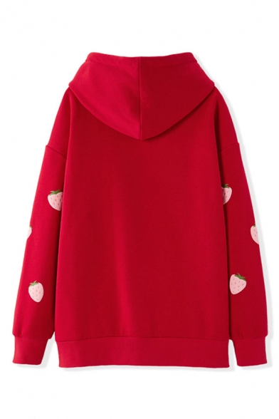 Womens Cute Strawberry Printed Long Sleeve Pouch Pocket Red Oversized Hoodie