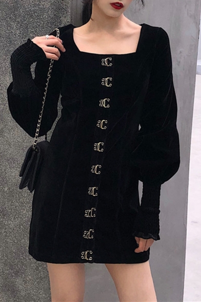 Womens Elegant Plain Black Square Neck Bishop Long Sleeve Single Breasted Mini Velvet Dress