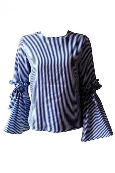 Womens Fashion Blue and White Stripes Print Bowknot Split Bell-Sleeve Loose Casual Blouse