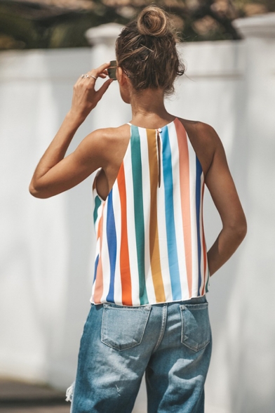 Womens Fashionable Colorful Stripe Printed Tied Front Sleeveless Keyhole Back Slim Fitted Tank Top
