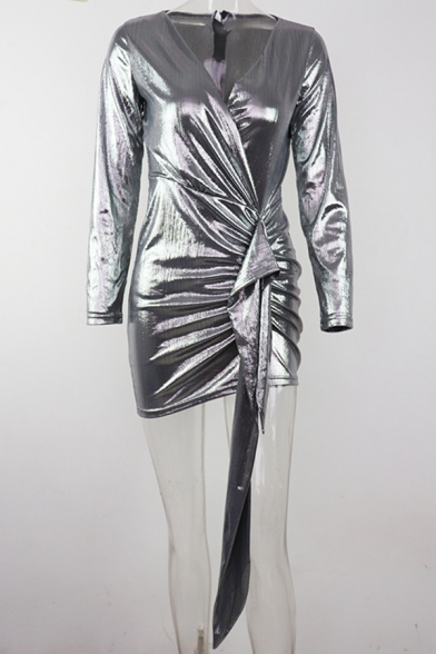 Womens Fashionable Plain Surplice V-Neck Long Sleeve Ruched Detail Mini Nightclub Dress