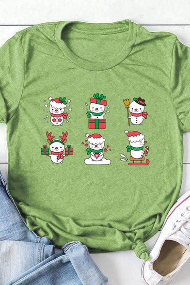 

Womens Lovely Snowmen Printed Short Sleeve Crew Neck Oversized T-Shirt, Burgundy;pink;red;white;gray;light blue;yellow;light green;dark pink;brick red, LC571002