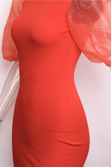 Womens New Elegant Plain Mesh Panel Puff Half Sleeve Mini Fitted Party Dress