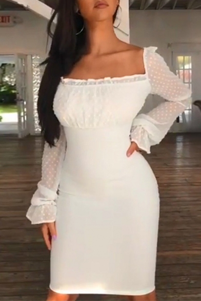 Womens Plain White Dot Printed Lace Bell Long Sleeve Lace Up Back Midi Pencil Dress for Party