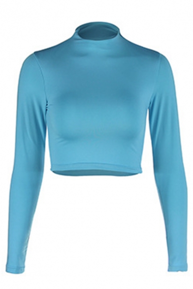 Womens Sexy Long Sleeve Mock Neck Crop Fitted Tee Plain Top