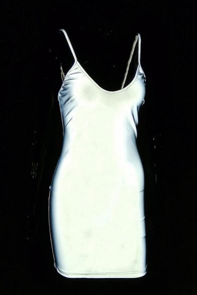 Womens Sexy Nightclub Style Plain Scoop Neck Sleeveless Cool Reflective Fitted Mini Slip Dress