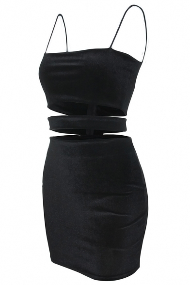Womens Sexy Plain Black Hollow Out Waist Mini Fitted Strap Dress for Night Club
