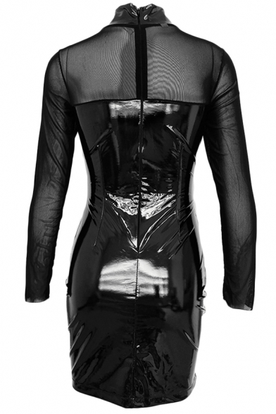 Womens Sexy Plain Black Sheer Mesh Panel Long Sleeve High Collar PU Leather Mini Tight Dress