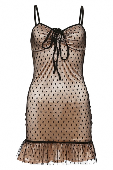 Womens Sexy Polka Dot Print Mesh Panel Ruched Tied Front Ruffles Cami Mini Dress for Party