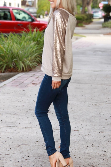 Womens Simple Sequin Patched Long Sleeve Casual Top Pullover Sweatshirt