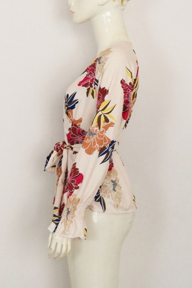 Womens Stylish Floral Pattern Bell Long Sleeve Surplice V-Neck Tied Wrap Shirt in Beige