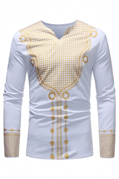 African Fashion Hot Stamping Print Long Sleeve Slim Fit Tribal Style T-Shirt for Men