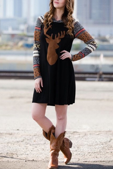 Casual Cute Girls' Long Sleeve Hooded Elk Floral Print Patched Black Short A-Line Sweatshirt Dress