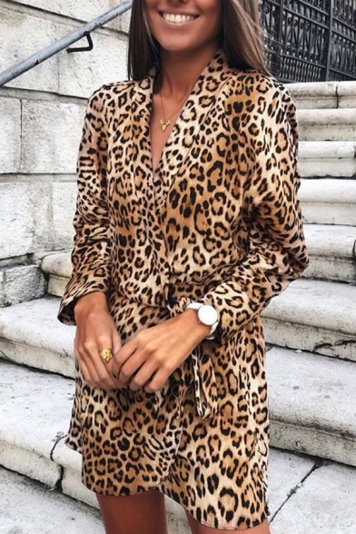 Casual Fancy Ladies' Long Sleeve Surplice Neck Bow Tie Waist Leopard Print Short Wrap Dress