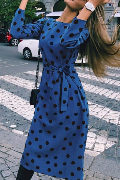 Casual Fashion Polka Dot Printed Round Neck Long Sleeve Tied Waist Midi Dress