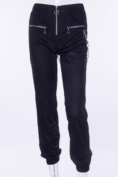 Casual Street Girls' Mid Rise Zipper Chain Embellished Cuffed Long Relaxed Fit Pants in Black