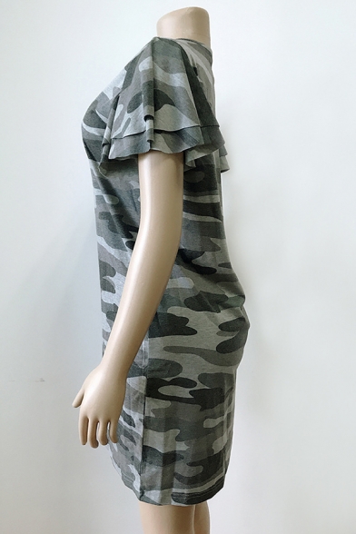 Casual Street Girls' Tiered Sleeve Round Neck Camo Printed Shift Midi T-Shirt Dress