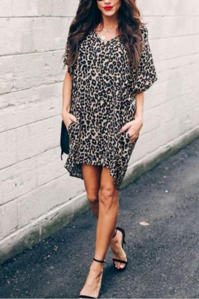 Casual Street Women's Short Sleeve V-Neck Leopard Print Mini Oversize Dress in Black