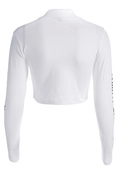 Casual White Girls' Long Sleeve High Neck Piercing Heart Print Letter ROARER Slim Crop T-Shirt