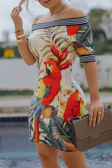 Chic Street Short Sleeve Off The Shoulder Parrot Patterned Contrast Piped Apricot Tight Short Dress for Women