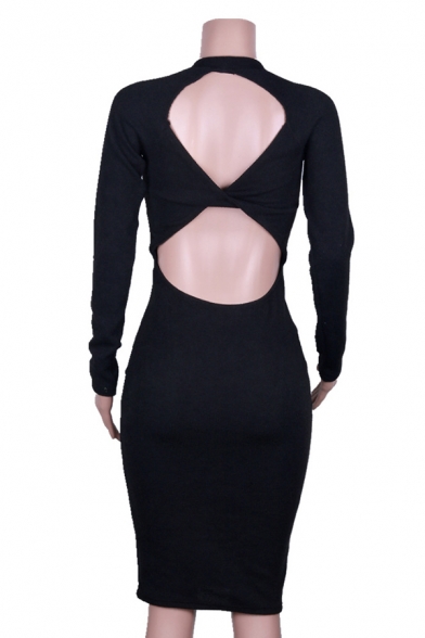 Classy Elegant Ladies' Long Sleeve Crew Neck Hollow Out Twisted Back Knit Plain Mid Banquet Bodycon Dress