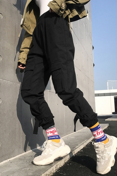 Cool Hip Hop Girls Elastic Waist Utility Buckle Detail Cuffed Relaxed Cargo Pants in Black