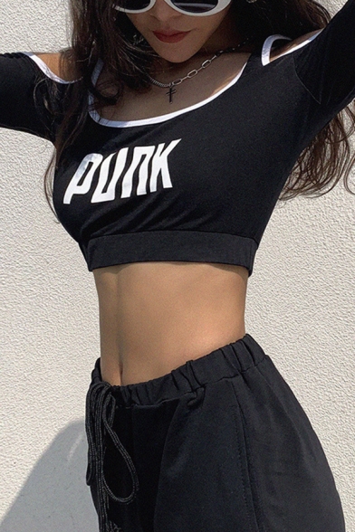 Cool Street Black Long Sleeve Cold Shoulder PUNK Letter Contrast Piped Crop T Shirt for Women