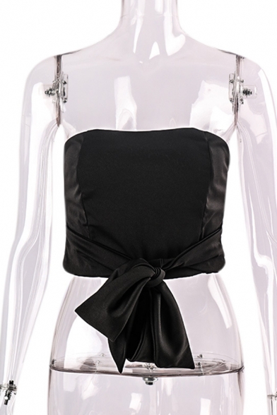 Edgy Girls' Plain Sleeveless Strapless Bow-Tie Front Zip Back Slim Fit Crop Tube Top for Nightclub