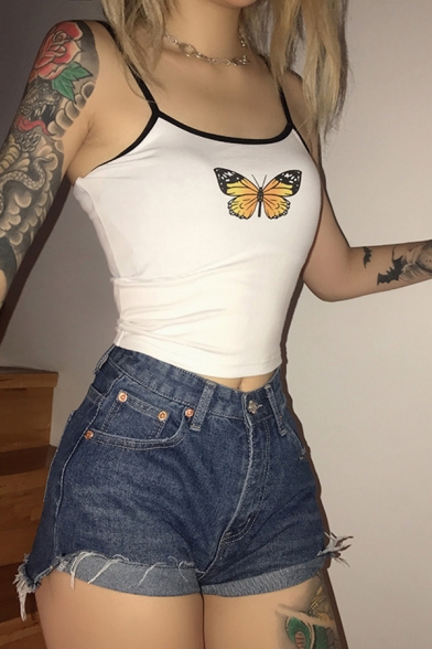 Edgy Girls' Sleeveless Butterfly Patterned Contrast Stitch Fitted White Crop Cami Top