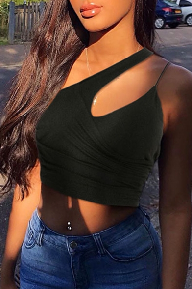 Edgy Looks One-Shoulder Wrap Front Slim Fit Black Crop Tank Top for Girls