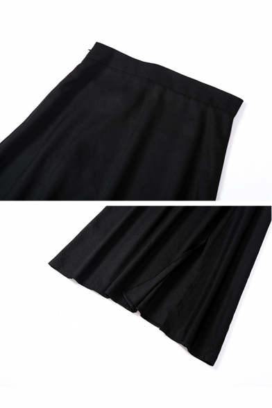 Elegant Ladies Black High Waist Eyelet Buckle High Slit Zip Side Fit Maxi A-Line Skirt