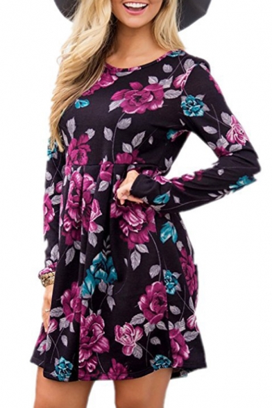 Elegant Ladies Long Sleeve Round Neck Floral Print Pleated Loose Fit Short Swing Dress