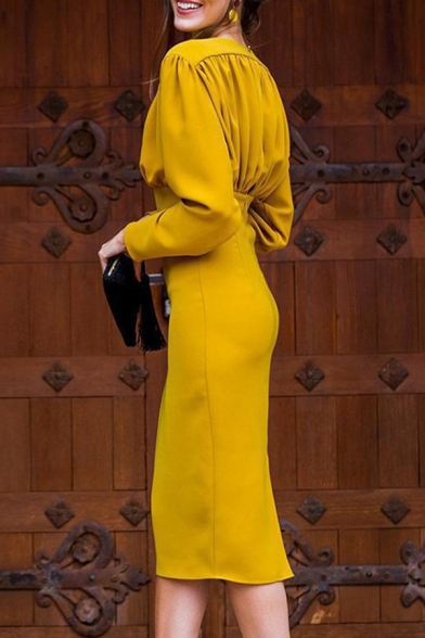 Fancy Formal Long Sleeve V-Neck Zipper Back Ruched Yellow Midi Bodycon Dress for Women