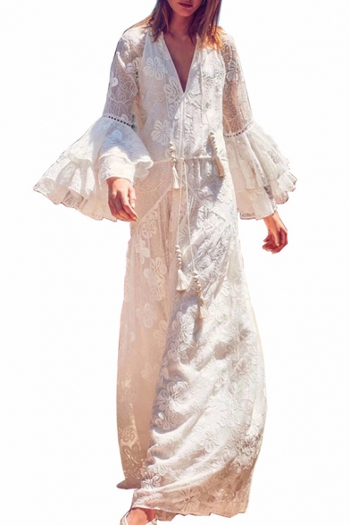 Fancy Ladies Tiered Sleeve Deep V-Neck Floral Embroidered See-Through White Mesh Maxi Flowy Dress