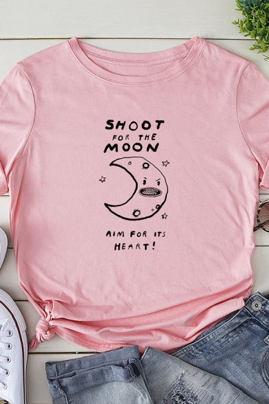 Fancy Letter SHOOT FOR THE MOON Printed Short Sleeve Graphic T-Shirt