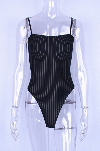 Fashion Ladies Black Stripe Pattern Slim Fitted Cami Bodysuit