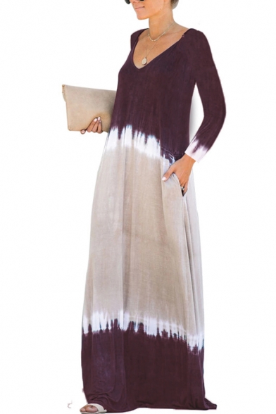 Female Casual Simple Long Sleeve V-Neck Open Back Contrast Pleated Oversize Maxi Swing Dress in Maroon
