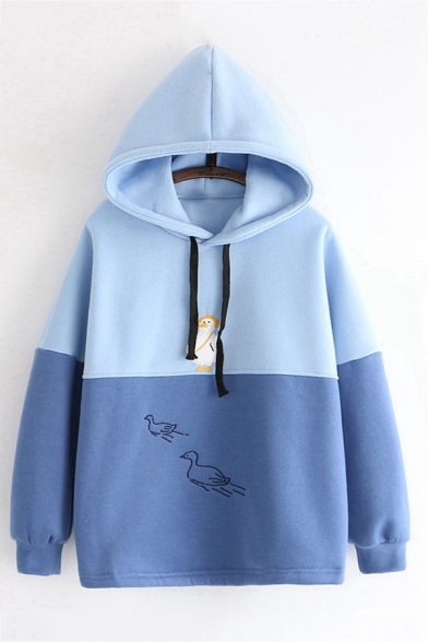 Girls Lovely Cartoon Duck Embroidery Long Sleeve Color Block Panel Oversized Blue Hoodie