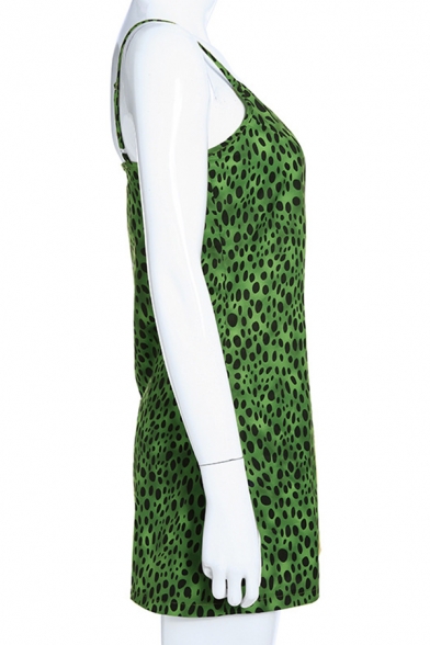 Green Retro Leopard Print V-Neck Spaghetti Straps Mini A-Line Club Dress for Women