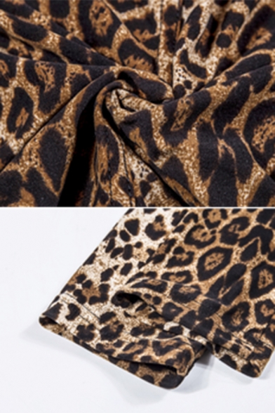 Hot Women's Long Sleeve High Neck Leopard Pattern Half Zip Slim Fit Bodysuit in Brown