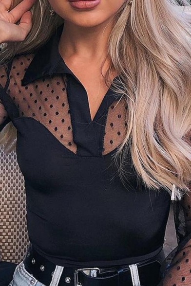 Ladies Elegant Polka Dot Printed Sheer Mesh Panel Long Sleeve Lapel Collar Black Shirt