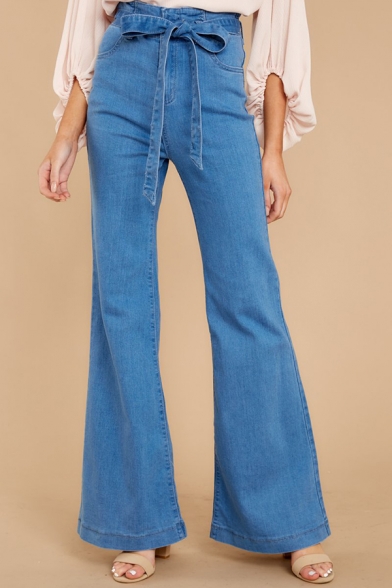 Ladies' Mid Rise Bow Tie Waist Full Length Slim Fit Plain Flared Jeans
