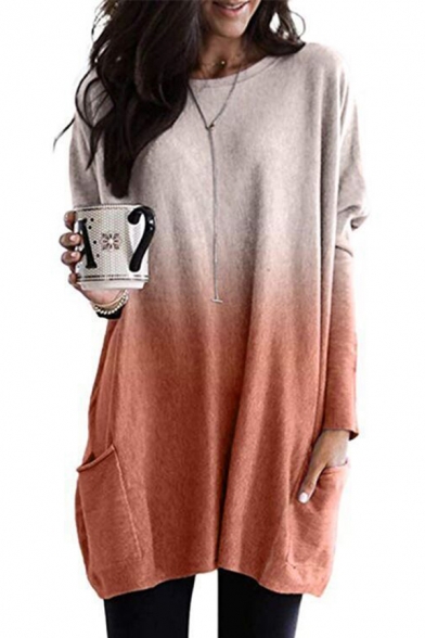 Ladies Unique Ombre Color Long Sleeve Loose Tunic T-Shirt with Dual Pocket