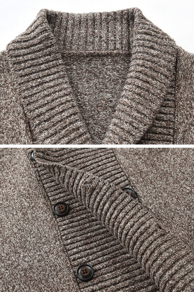 Light Brown Plain Long Sleeve Shawl Collar Double Breasted Knitted Casual Coat Cardigan