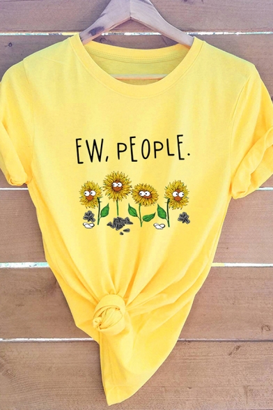 Lovely Sunflower Letter EW PEOPLE Printed Short Sleeve Casual Graphic T-Shirt