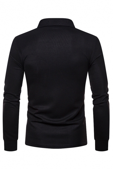 Mens Casual Solid Color Long Sleeve Button Front Slim Fit Polo Shirt