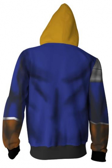 Mens Leisure Colorblocked Drawstring Hood Long Sleeves Zip Up Dark Blue Cosplay Hoodie