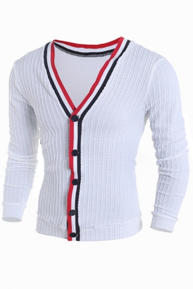 Mens Leisure Stripe Printed V Neck Button Down Long Sleeve Slim Fit Cardigan Coat