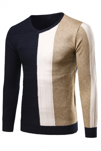 Mens Leisure Vertical Stripe Printed V-Neck Long Sleeve Slim Fit Knitted Pullover Sweater